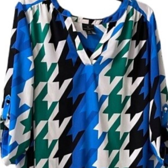 Worthington Woman Houndstooth Spring Tunic Split Neck 3/4 Sleeve High Low Hem 1X - Picture 2 of 9